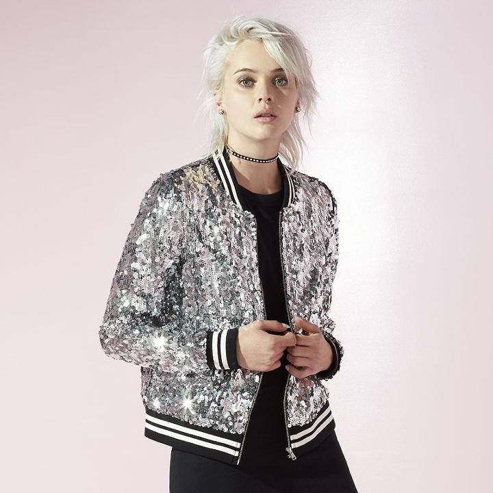 Women's Juicy Sequin Bomber Jacket, Size: Small, Silver