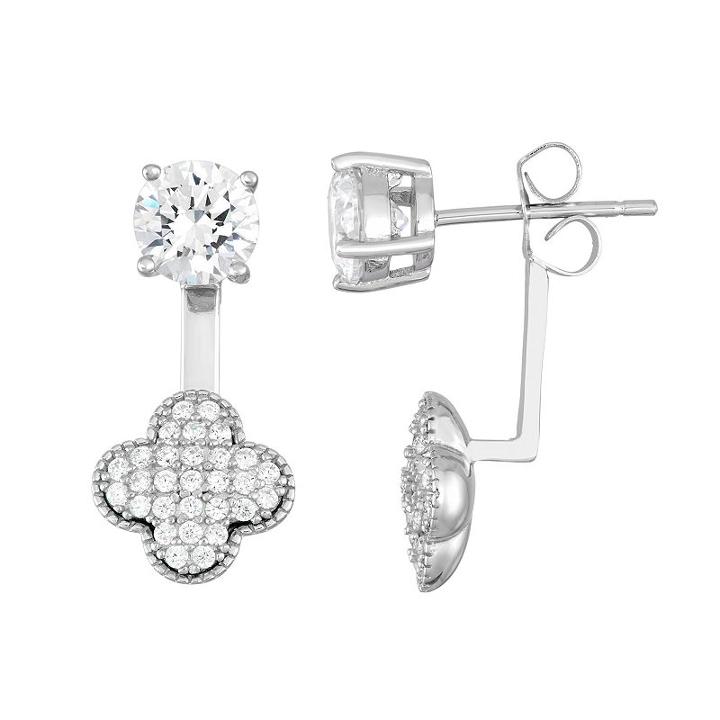 Sterling Silver Cubic Zirconia Front-back Clover Drop Earrings, Women's, White