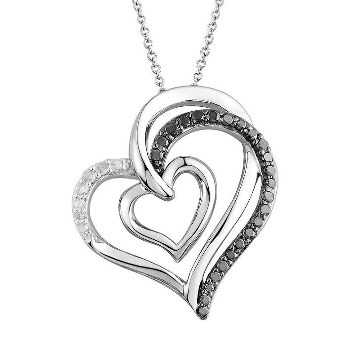 Two Hearts Forever One 1/4 Carat T.w. Black & Diamond Sterling Silver Heart Pendant Necklace, Women's