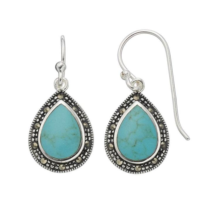 Silver Luxuries Simulated Turquoise & Marcasite Teardrop Earrings, Women's, Blue