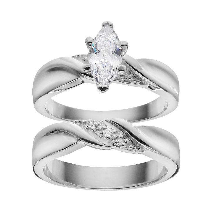 Cubic Zirconia & Diamond Accent Engagement Ring Set In Sterling Silver, Women's, Size: 8, White