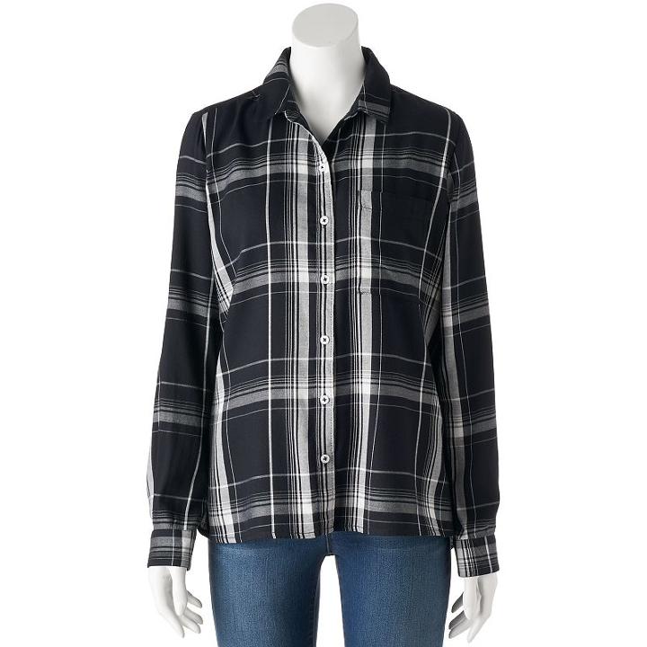Juniors' So&reg; Plaid High-low Shirt, Teens, Size: Xl, Black