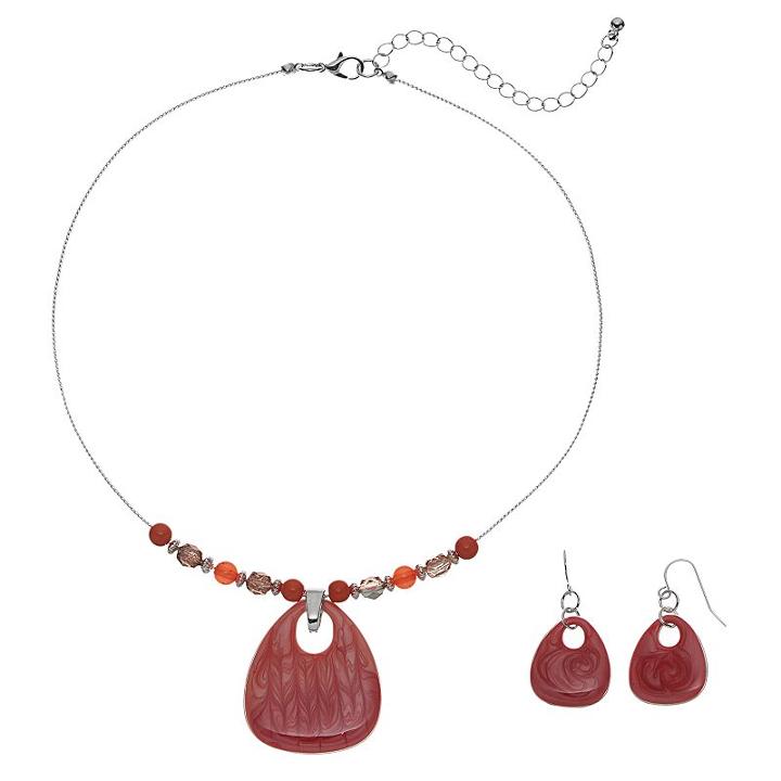 Pink Beaded Teardrop Necklace & Drop Earring Set, Women's, Orange Oth
