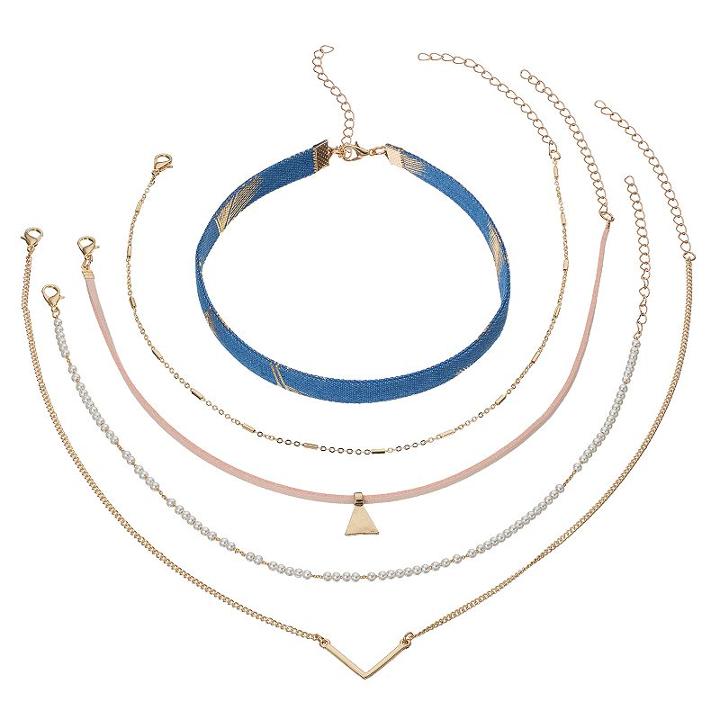 Blue Fabric, Simulated Pearl & Triange Necklace Set, Women's, Multicolor