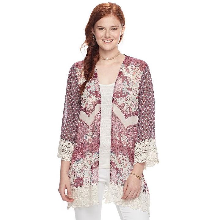 Juniors' Rewind Print Lace Trim Kimono, Teens, Size: Xl, Natural