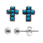 Simulated Turquoise Sterling Silver Cross & Ball Stud Earring Set, Women's, Turq/aqua