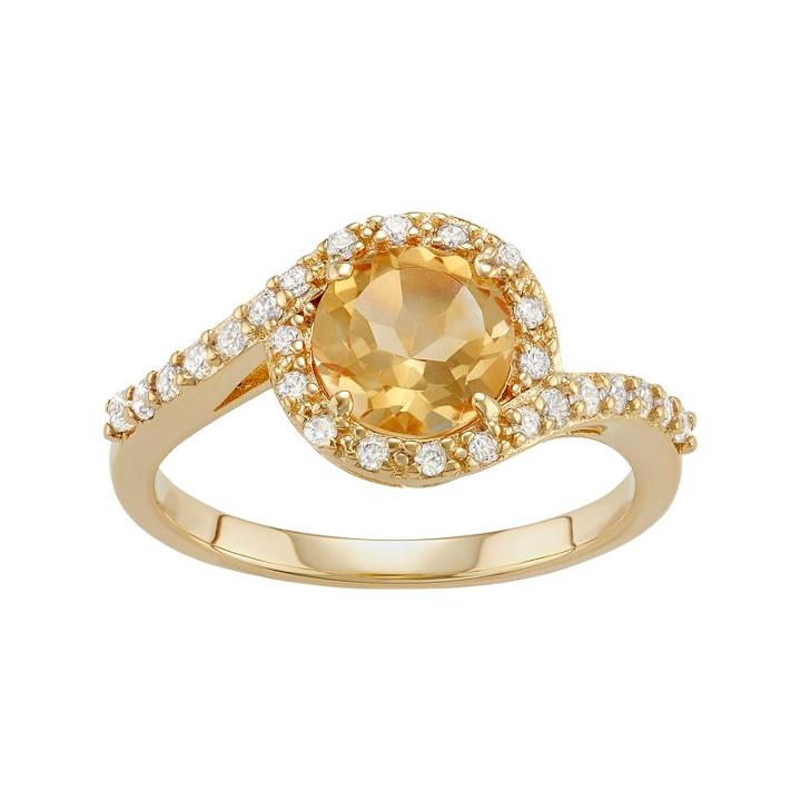 18k Gold Over Silver Citrine & Cubic Zirconia Halo Ring, Women's, Size: 7, Yellow