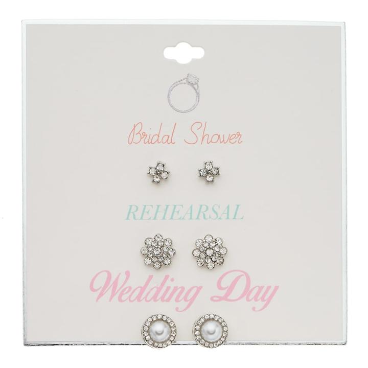 Bridal Simulated Crystal Stud Nickel Free Earring Set, Women's, Silver