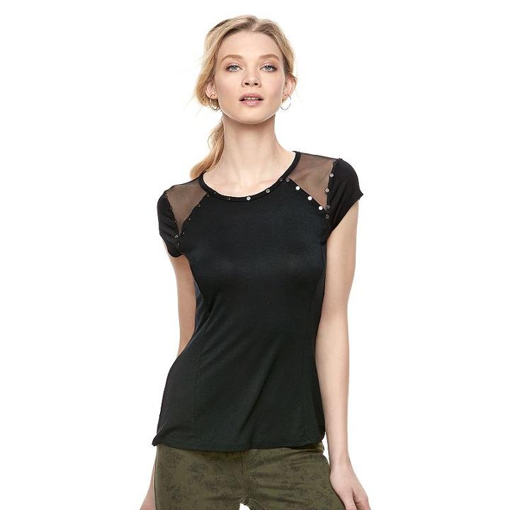 Women's Rock & Republic&reg; Studded Mesh Tee, Size: Medium, Black