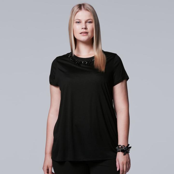 Plus Size Simply Vera Vera Wang Embellished Collar Tee, Women's, Size: 2xl, Black