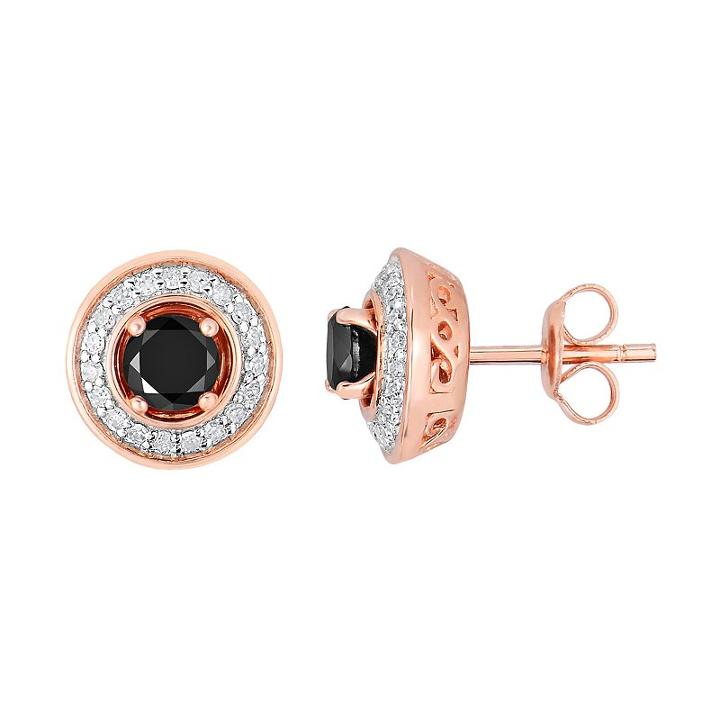 1 Carat T.w. Black And White Diamond Rose Gold Tone Over Silver And Sterling Silver Halo Stud Earrings, Women's