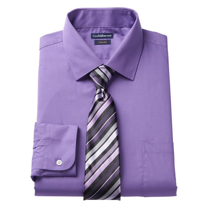 Men's Croft & Barrow&reg; Slim-fit Stretch-collar Dress Shirt And Patterned Tie, Size: L-36/37, Purple