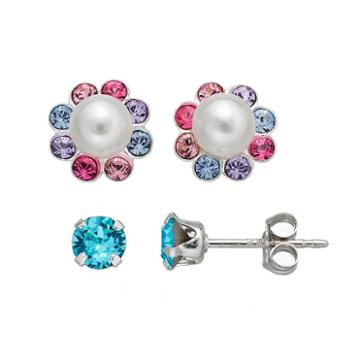 Charming Girl Kids' Simulated Pearl & Crystal Stud Earring Set, Blue