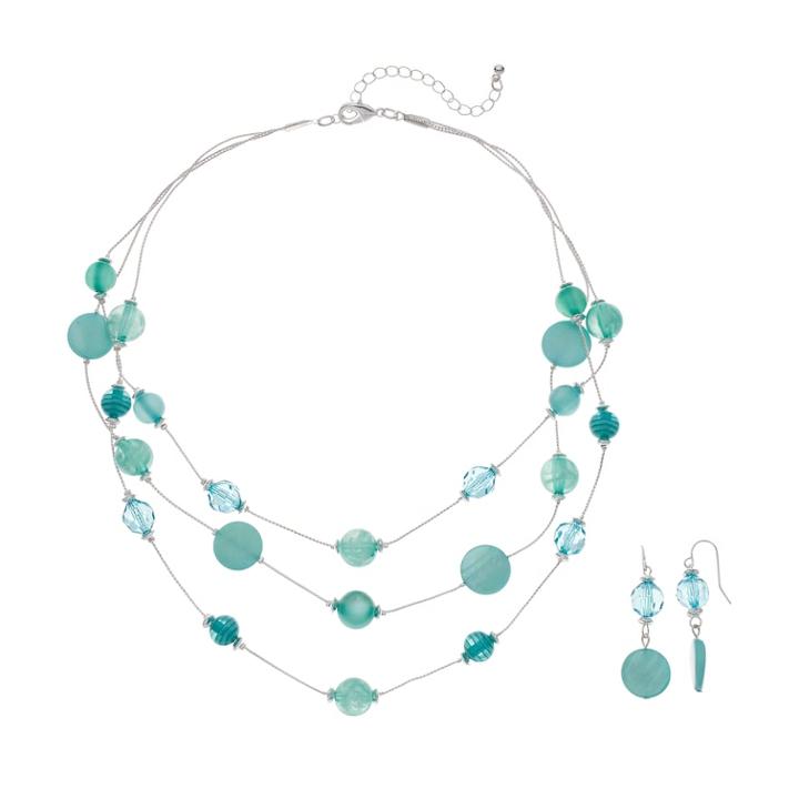 Aqua Bead & Disc Multi Strand Necklace & Nickel Free Drop Earring Set, Women's, Turq/aqua