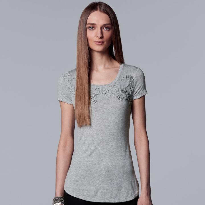 Women's Simply Vera Vera Wang Floral Applique Tee, Size: Large, Light Grey