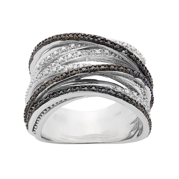 1/2 Carat T.w. Black And White Diamond Sterling Silver Crisscross Ring, Women's, Size: 8