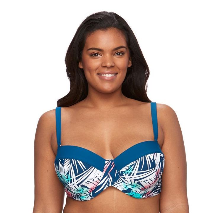 Plus Size Pink Envelope Bust Enhancer Palm Leaf Bikini Top, Women's, Size: 2xl, Blue (navy)