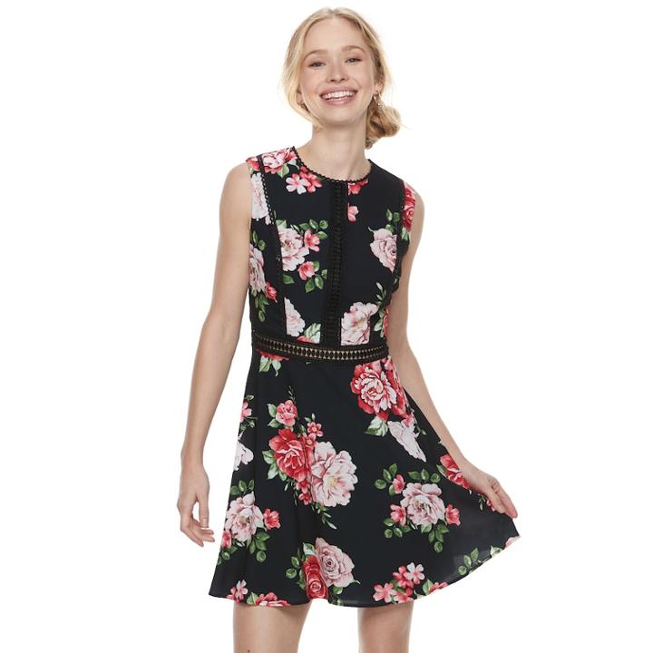 Disney Princess Juniors' Floral Illusion Skater Dress, Teens, Size: Xl, Multi Black Floral