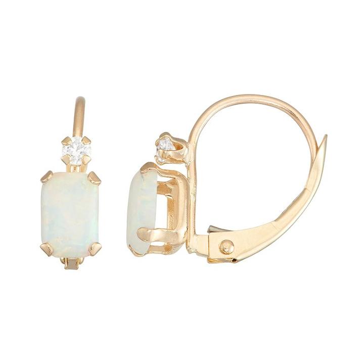 10k Gold Emerald-cut Lab-created Opal & White Zircon Leverback Earrings, Women's