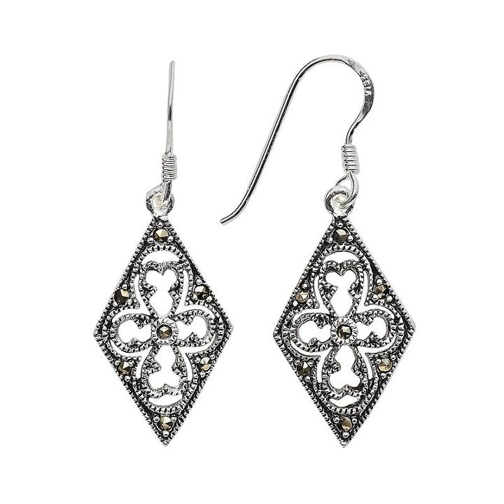 Sterling Silver Marcasite Filigree Kite Earrings, Women's, Black