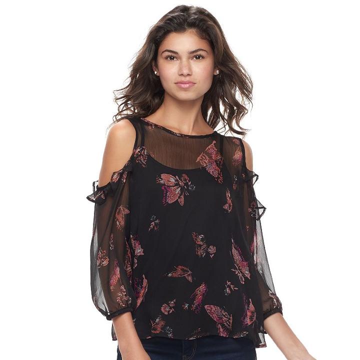 Juniors' Mudd&reg; Ruffle Cold-shoulder Top, Teens, Size: Xl, Black