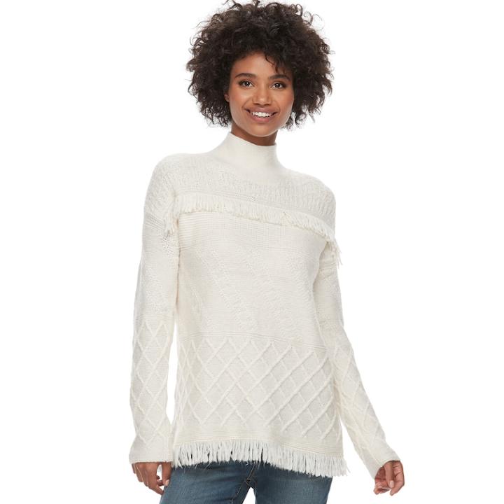 Women's Sonoma Goods For Life&trade; Fringe Cable-knit Mockneck Sweater, Size: Xl, White Oth