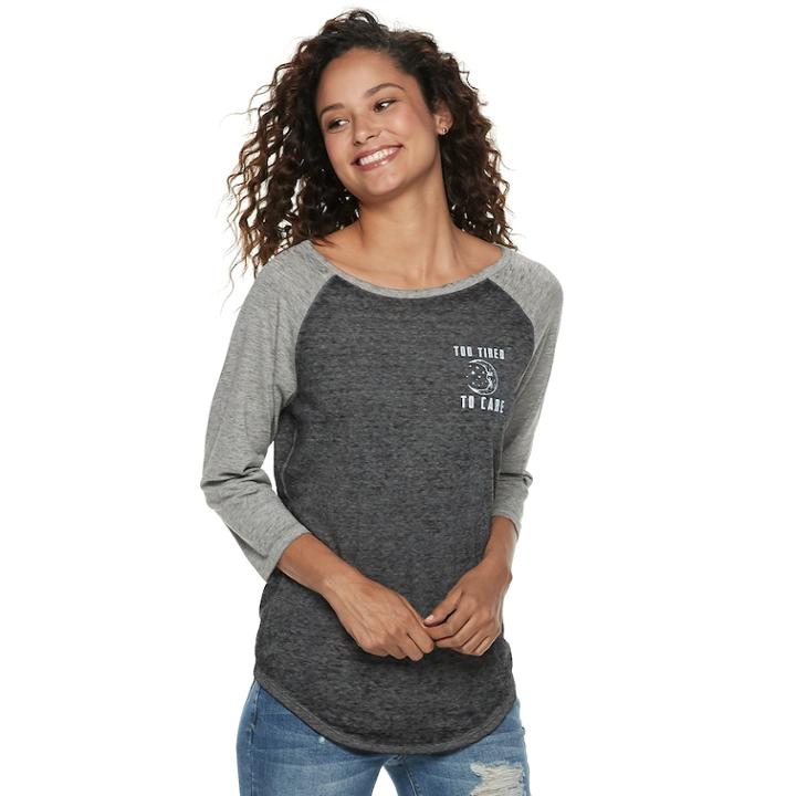 Juniors' Too Tired To Care Raglan Tee, Teens, Size: Xs, Black Gray