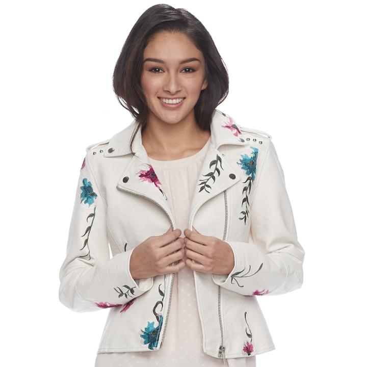 Juniors' Candie's&reg; Floral Moto Jacket, Teens, Size: Small, White