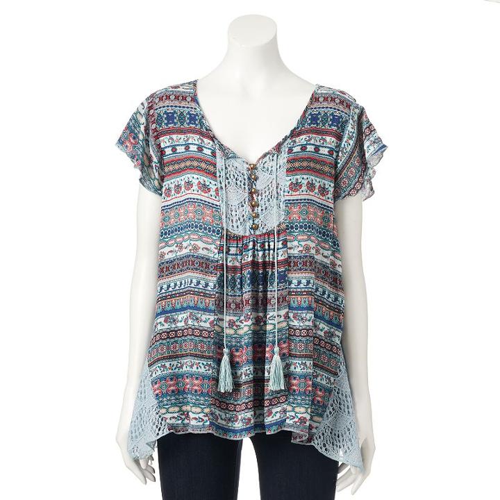 Women's World Unity Print Henley Top, Size: Large, Blue (navy)