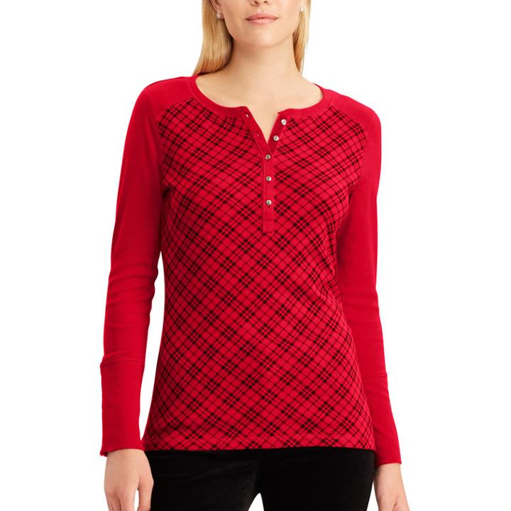 Women's Chaps Plaid Cotton Henley, Size: Large, Red