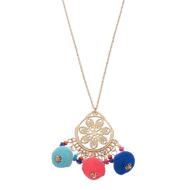 Mudd&reg; Long Pom Pom Floral Medallion Necklace, Women's, Multicolor