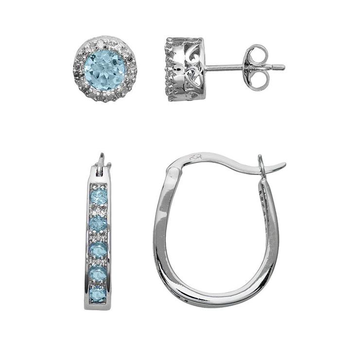 Sterling Silver Blue Topaz And Diamond Accent U-hoop And Stud Earring Set, Women's