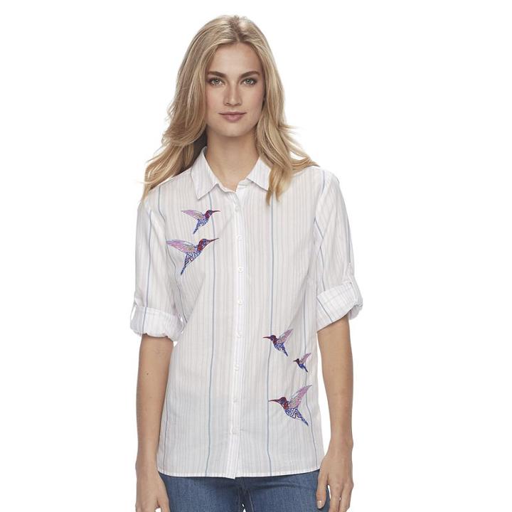 Women's Croft & Barrow&reg; Embroidered Striped Shirt, Size: Small, Natural