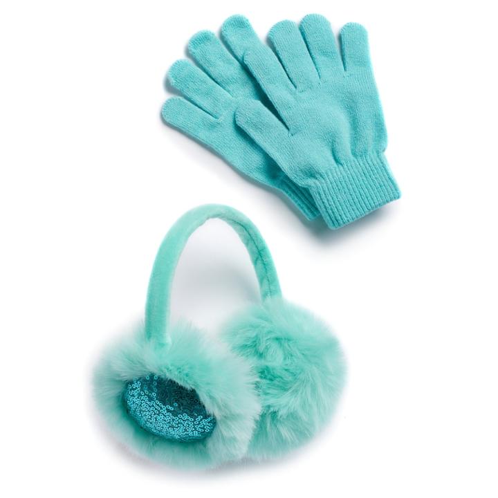 Girls 4-16 So&reg; Sequin Earmuffs & Gloves Set, Lt Green