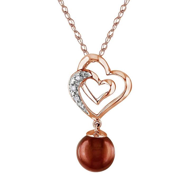 Dyed Freshwater Cultured Pearl And Diamond Accent 10k Rose Gold Heart Pendant Necklace, Women's, Size: 17, Brown