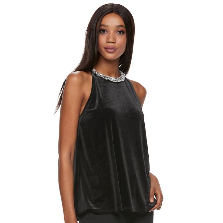 Women's Jennifer Lopez Embellished Velvet Halter Top, Size: Small, Black
