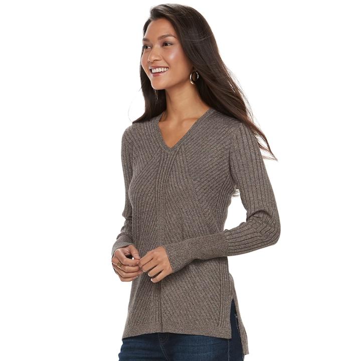 Women's Apt. 9&reg; Mixed Ribbed V-neck Sweater, Size: Xs, Dark Brown