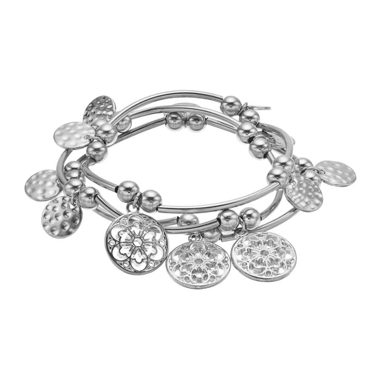 Disc Curved Tube Stretch Bracelet Set, Women's, Silver