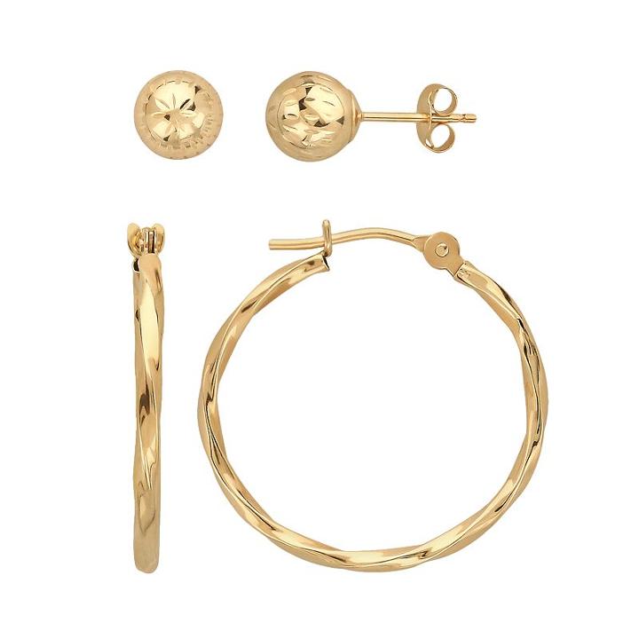 Everlasting Gold 10k Gold Textured Ball Stud And Twist Hoop Earring Set, Women's, Yellow