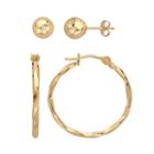 Everlasting Gold 10k Gold Textured Ball Stud And Twist Hoop Earring Set, Women's, Yellow