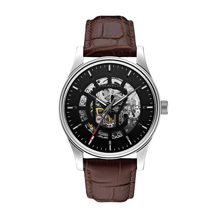 Caravelle New York By Bulova Men's Arnold Leather Automatic Skeleton Watch - 43a123, Brown