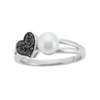 Freshwater Cultured Pearl And 1/10 Carat T.w. Black Diamond Sterling Silver Heart Ring, Women's, Size: 7