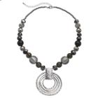Gray Beaded Textured Circle Pendant Necklace, Women's, Grey