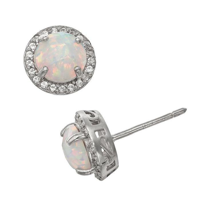 Sterling Silver Lab-created Opal And Lab-created White Sapphire Halo Stud Earrings, Women's