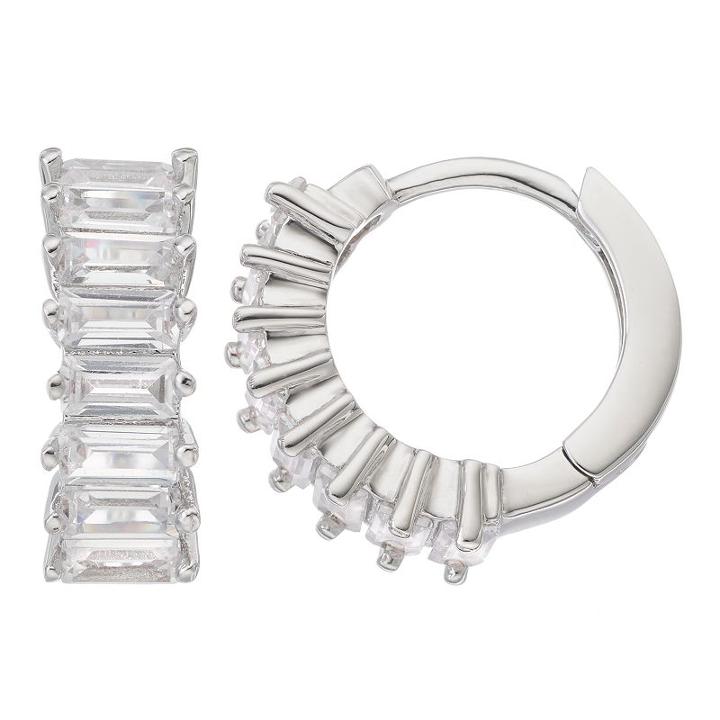 Fleur Silver Tone Cubic Zirconia Huggie Hoop Earrings, Women's, White