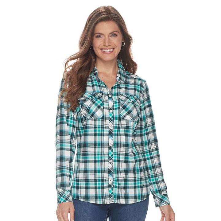 Petite Croft & Barrow&reg; Flannel Plaid Button-down Shirt, Women's, Size: L Petite, Dark Blue