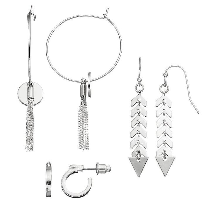 Linear Arrow Drop & Disc Fringe Hoop Earring Set, Women's, Silver