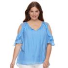 Plus Size Ab Studio Cold-shoulder Gauze Peasant Top, Women's, Size: 3xl, Light Blue