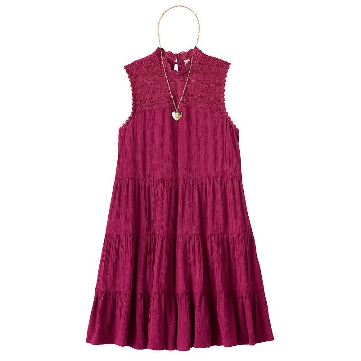 Girls 7-16 Knitworks Tiered Lace Trim Dress With Necklace, Girl's, Size: 12, Dark Red