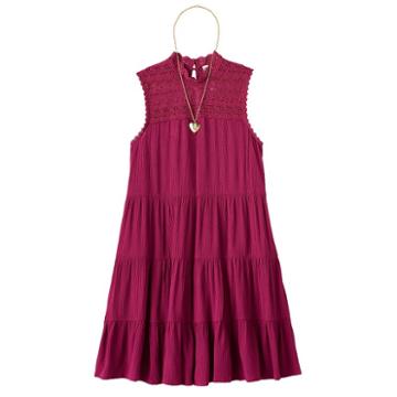 Girls 7-16 Knitworks Tiered Lace Trim Dress With Necklace, Girl's, Size: 12, Dark Red